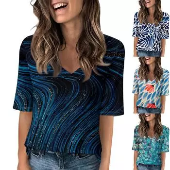 Женская повседневная футболка с короткими рукавами и v-образным вырезом с принтом и четвертьрукавами, топ L