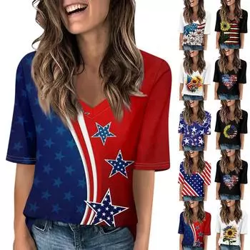 Женская повседневная футболка с короткими рукавами и v-образным вырезом с принтом и четвертьрукавами, топ L