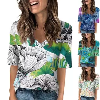 Женская повседневная футболка с короткими рукавами и v-образным вырезом с принтом и четвертьрукавами, топ L