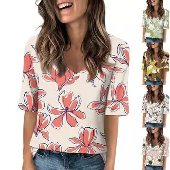 Женская повседневная футболка с короткими рукавами и v-образным вырезом с принтом и четвертьрукавами, топ XXL зелёный