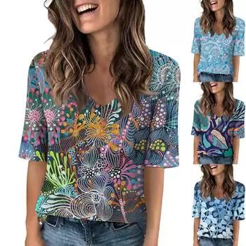 Женская повседневная футболка с короткими рукавами и v-образным вырезом с принтом и четвертьрукавами, топ L синий