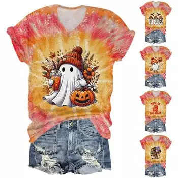 Женская повседневная футболка с короткими рукавами и V-образным вырезом на тему Хэллоуина XXL чёрный