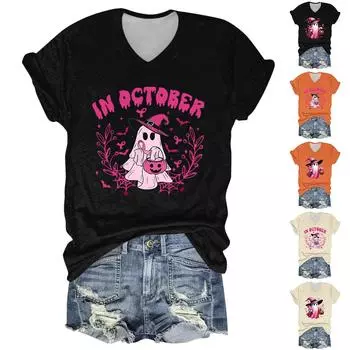 Женская повседневная футболка с короткими рукавами и V-образным вырезом на тему Хэллоуина L чёрный