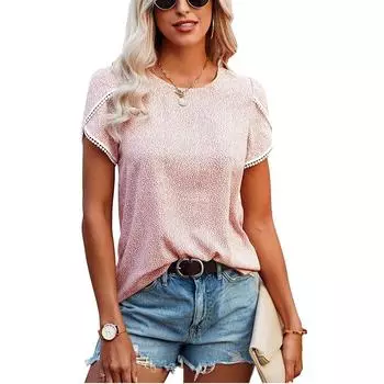 Женская повседневная футболка с короткими рукавами и кружевной строчкой на весну и лето S чёрный