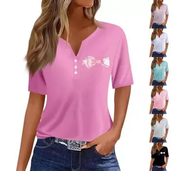 Женская повседневная футболка с короткими рукавами, V-образным вырезом и декоративными пуговицами XXL