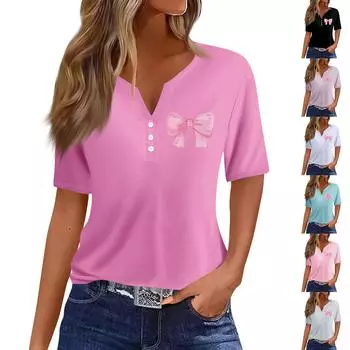 Женская повседневная футболка с короткими рукавами, V-образным вырезом и декоративными пуговицами M чёрный