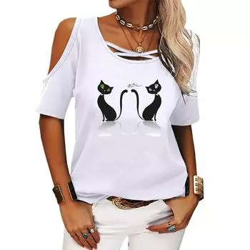 Женская повседневная футболка с круглым воротником и открытыми плечами, летняя модная футболка с принтом, свободная футболка с коротким рукавом S розовый