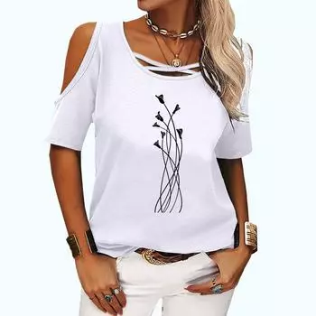 Женская повседневная футболка с круглым воротником, весна-лето и осень, топ с короткими рукавами и цветочным принтом, женская модная футболка с открытыми плечами S розовый