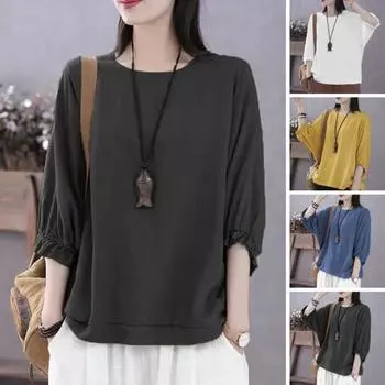 Женская повседневная футболка с круглым вырезом 45355 с рукавами «летучая мышь» и рюшами на манжетах, пуловер, топы, однотонный свободный крой M жёлтый