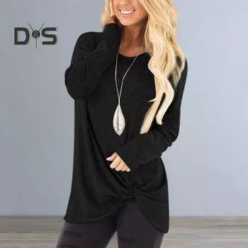 Женская повседневная футболка с круглым вырезом, длинным рукавом, с закрученным узлом, пуловер, однотонная свободная футболка L кофейный