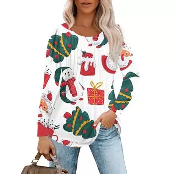 Женская повседневная футболка с круглым вырезом и длинными рукавами с рождественским принтом и складками L