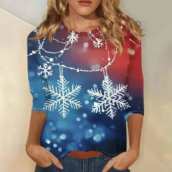 Женская повседневная футболка с круглым вырезом и рождественским принтом снежинок, рукав три четверти, топ, пуловер L синий