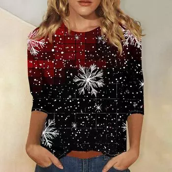 Женская повседневная футболка с круглым вырезом и рождественским принтом снежинок, рукав три четверти, топ, пуловер L чёрный