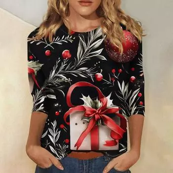 Женская повседневная футболка с круглым вырезом и рождественским принтом снежинок, рукав три четверти, топ, пуловер L чёрный