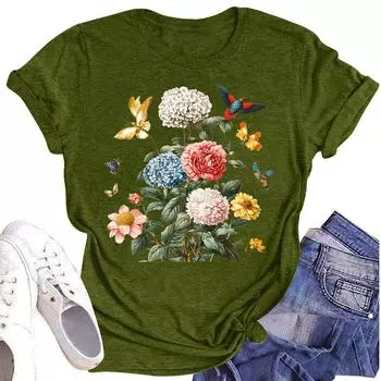 Женская повседневная футболка с круглым вырезом и цветочным принтом, короткий рукав L армия зеленый