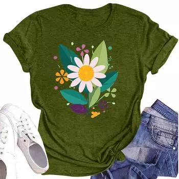 Женская повседневная футболка с круглым вырезом и цветочным принтом, короткий рукав L армия зеленый