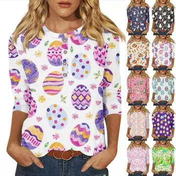 Женская повседневная футболка с круглым вырезом и пуговицами с рукавом три четверти и принтом на базе L чёрный