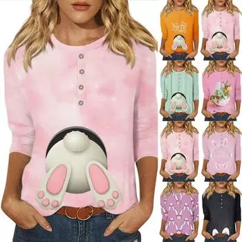 Женская повседневная футболка с круглым вырезом и пуговицами с рукавом три четверти и принтом на базе L чёрный