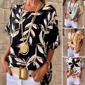 Женская повседневная футболка с круглым вырезом и короткими рукавами с рюшами и манжетами, футболка с цветочным принтом в виде листьев, свободная посадка M чёрный