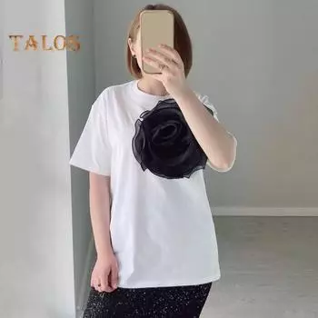 Женская повседневная футболка с круглым вырезом и коротким рукавом, 3D сетчатая пряжа с украшением в виде камелии, футболка свободного кроя, эластичный пуловер, топы, повседневная одежда S белый