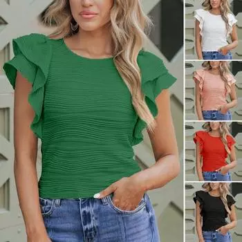 Женская повседневная футболка с круглым вырезом и рюшами, футболка с короткими рукавами, однотонная облегающая плиссированная блузка, уличная одежда M белый