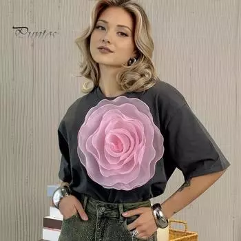 Женская повседневная футболка с круглым вырезом и коротким рукавом, 3D сетчатая пряжа с украшением в виде камелии, футболка свободного кроя, эластичный пуловер, топы, повседневная одежда S белый