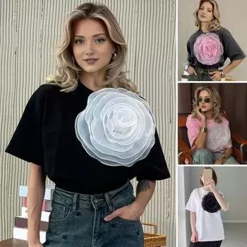 Женская повседневная футболка с круглым вырезом и коротким рукавом, 3D сетчатая пряжа, футболка с украшением в виде камелии, свободная посадка S белый