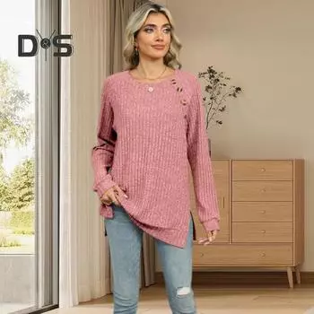 Женская повседневная футболка с круглым вырезом и длинным рукавом, декор на пуговицах, футболка с боковым разрезом, однотонный пуловер в рубчик, топы