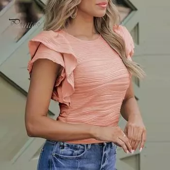 Женская повседневная футболка с круглым вырезом и рюшами, футболка с короткими рукавами, однотонная облегающая плиссированная блузка, уличная одежда M красный