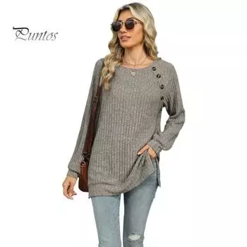 Женская повседневная футболка с круглым вырезом и длинным рукавом, декор на пуговицах, футболка с боковым разрезом, однотонный пуловер в рубчик, топы S хаки