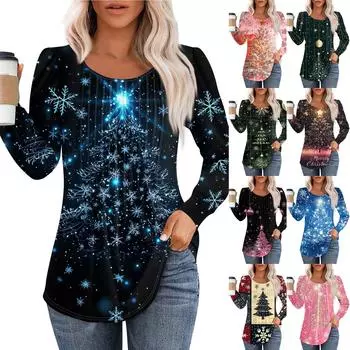 Женская повседневная футболка с круглым вырезом и длинными рукавами с рождественским принтом и складками XXXL