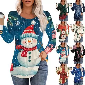 Женская повседневная футболка с круглым вырезом и длинными рукавами с рождественским принтом и складками XL винный