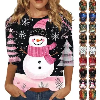Женская повседневная футболка с круглым вырезом и рождественским принтом снежинок, рукав три четверти, топ, пуловер XXXL