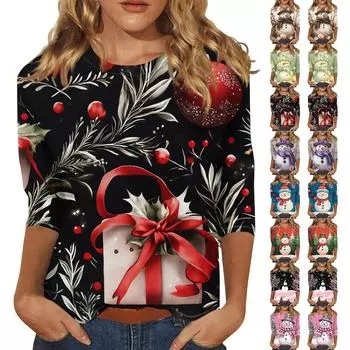 Женская повседневная футболка с круглым вырезом и рождественским принтом снежинок, рукав три четверти, топ, пуловер L чёрный