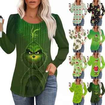 Женская повседневная футболка с круглым вырезом и длинными рукавами с рождественским принтом и складками L армия зеленый