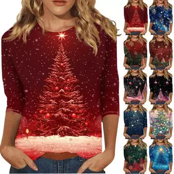 Женская повседневная футболка с круглым вырезом и рождественским принтом снежинок, рукав три четверти, топ, пуловер XXL красный