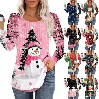 Женская повседневная футболка с круглым вырезом и длинными рукавами с рождественским принтом и складками M