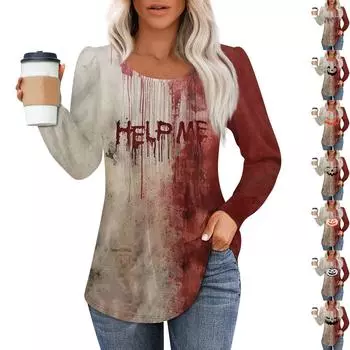 Женская повседневная футболка с круглым вырезом и длинными рукавами в складку на Хэллоуин M