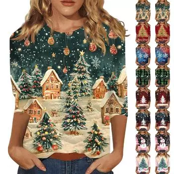 Женская повседневная футболка с круглым вырезом и рождественским принтом снежинок, рукав три четверти, топ, пуловер M синий