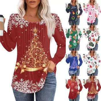 Женская повседневная футболка с круглым вырезом и длинными рукавами с рождественским принтом и складками M