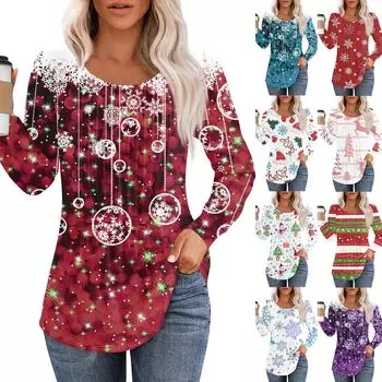 Женская повседневная футболка с круглым вырезом и длинными рукавами с рождественским принтом и складками XXL зелёный