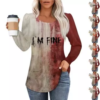 Женская повседневная футболка с круглым вырезом и длинными рукавами в складку на Хэллоуин M хаки