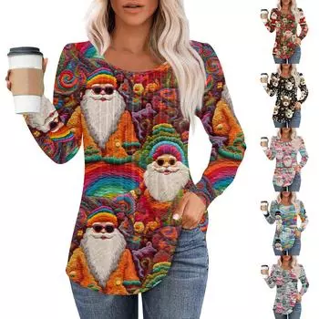 Женская повседневная футболка с круглым вырезом и длинными рукавами с рождественским принтом и складками M чёрный