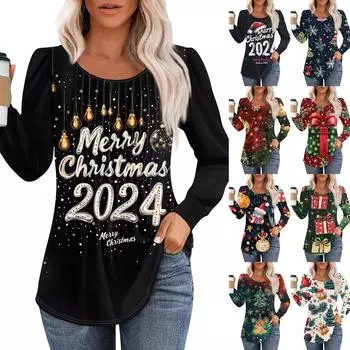 Женская повседневная футболка с круглым вырезом и длинными рукавами с рождественским принтом и складками XXL чёрный