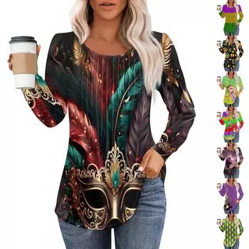 Женская повседневная футболка с круглым вырезом и длинными рукавами, с принтом «Карнавал», плиссированная футболка XXL кофейный