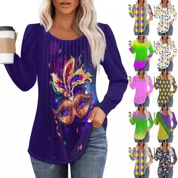 Женская повседневная футболка с круглым вырезом и длинными рукавами, с принтом «Карнавал», плиссированная футболка M жёлтый