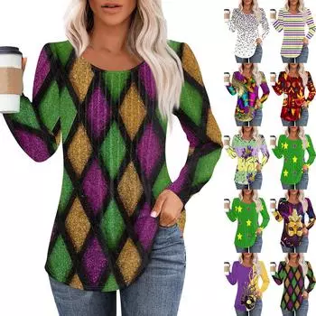 Женская повседневная футболка с круглым вырезом и длинными рукавами, с принтом «Карнавал», плиссированная футболка M золотой