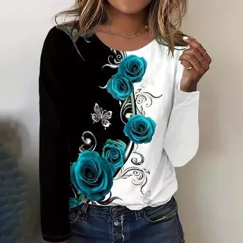 Женская повседневная футболка с круглым вырезом и принтом черно-белой розы, футболка с длинным рукавом, свободная одежда, женская домашняя одежда, модный принт S