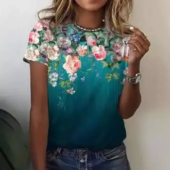 Женская повседневная футболка с круглым вырезом и короткими рукавами с 3D-принтом в виде цветка и растения S