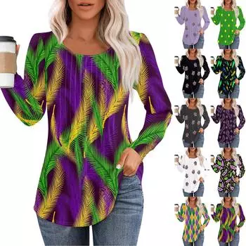 Женская повседневная футболка с круглым вырезом и длинными рукавами, с принтом «Карнавал», плиссированная футболка L тёмно-синий